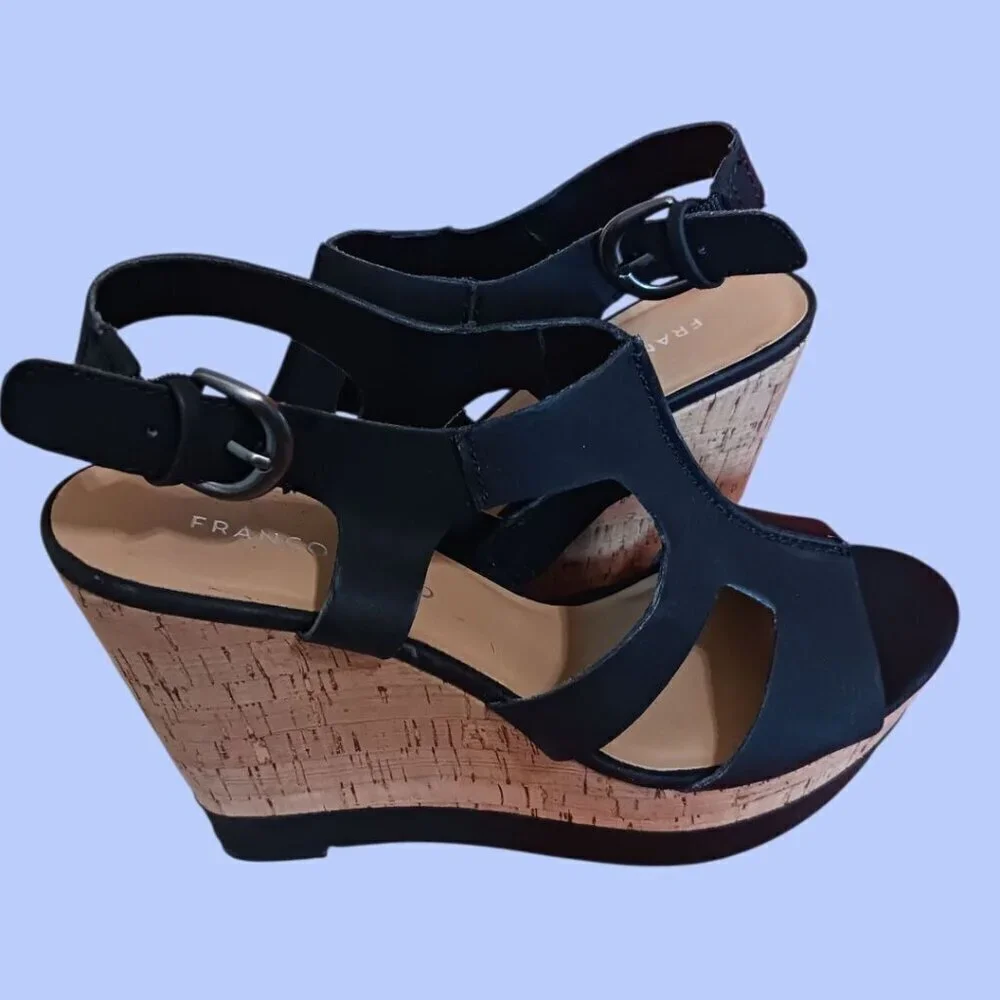 Franco Sarto Black Wedge Sandals Open Toe Cork Wedge Size 8M